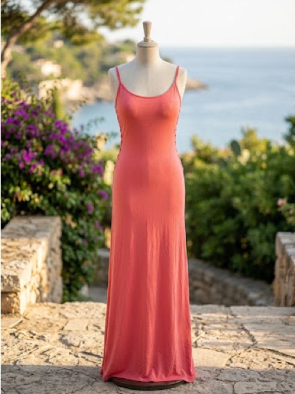 Guess Coral Slip Maxi Dress with Thin Straps